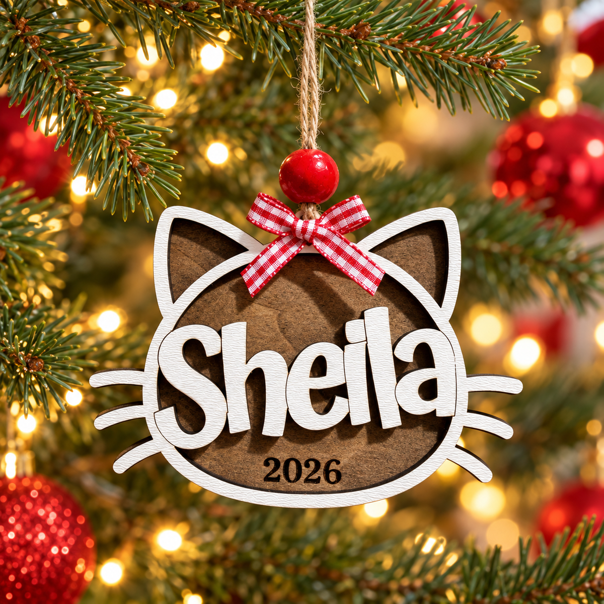 Personalized Cat Christmas Ornament – Rustic Brown & White
