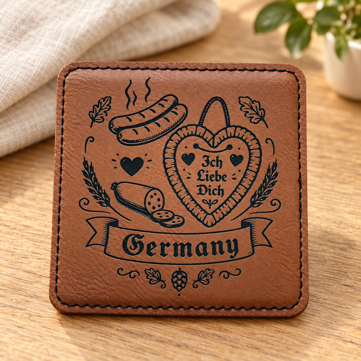 Germany Coasters Set of 6 – Faux Leather Drink Coasters with Holder – German Gift, Oktoberfest Decor