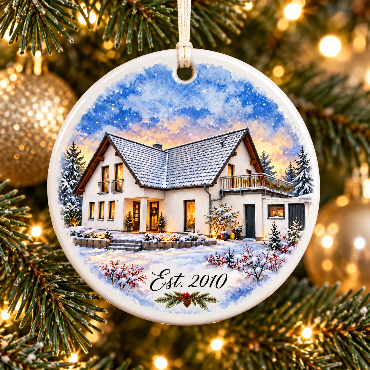 Personalized Watercolor House Ornament – Custom Ceramic Keepsake