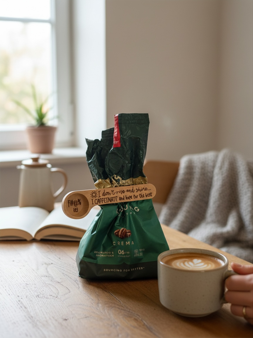 I Don't Rise and Shine, I Caffeinate – Wood Coffee Scoop & Bag Clip – Funny Coffee Gift