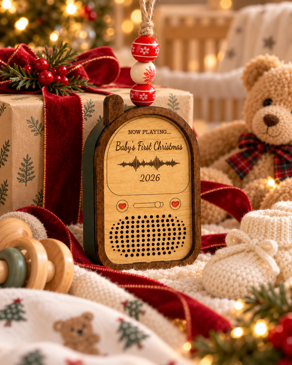 Baby's First Christmas recordable ornament styled as a heartfelt Christmas gift