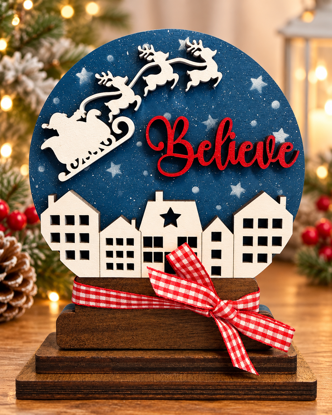 Believe Christmas wooden display with sparkly navy sky and wooden base