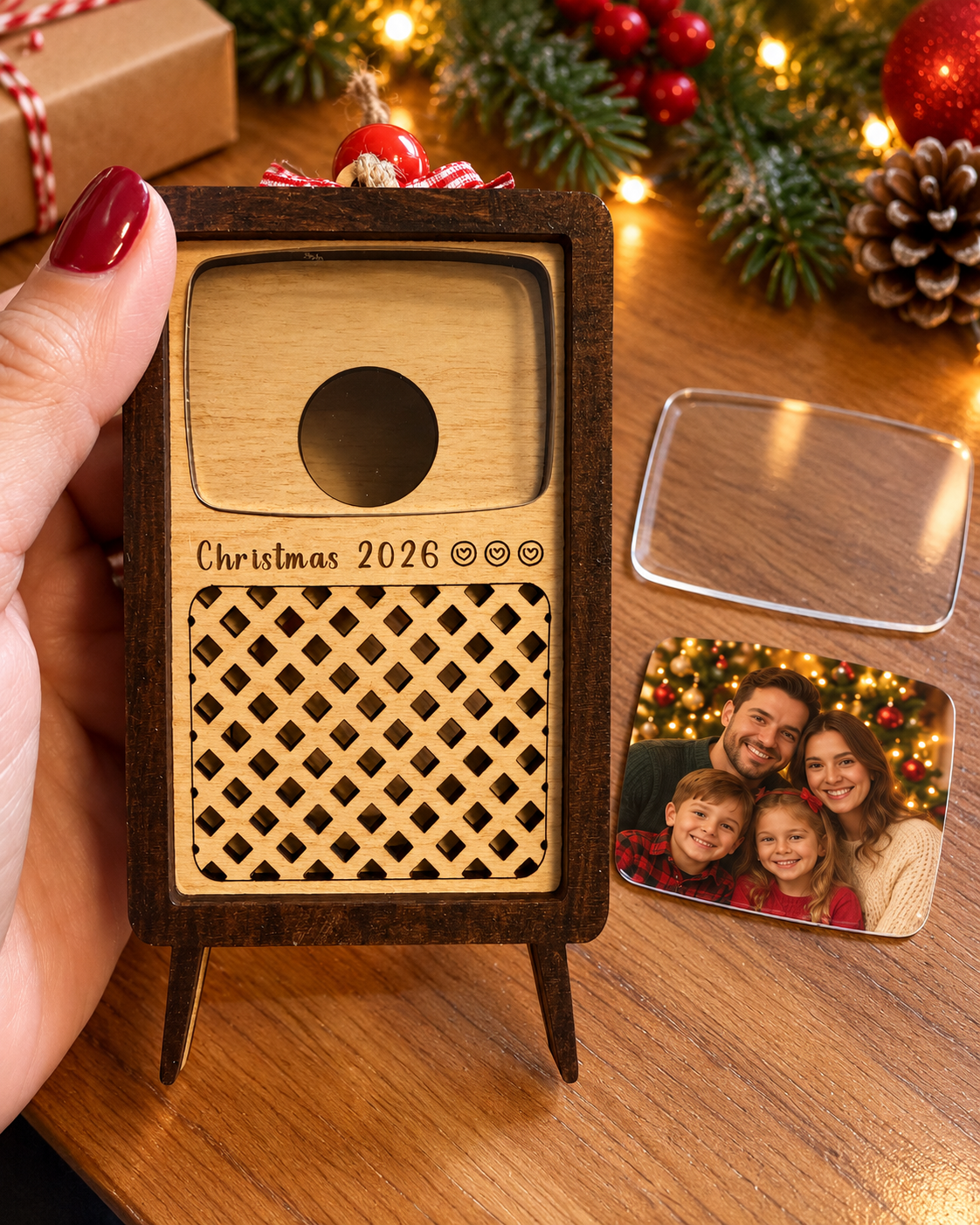 Example showing removable acrylic TV window and cut-to-fit family photo
