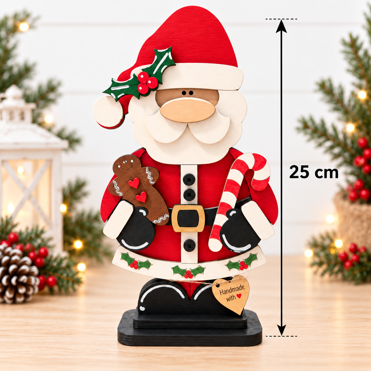 Wooden Santa decoration showing 25 cm overall height