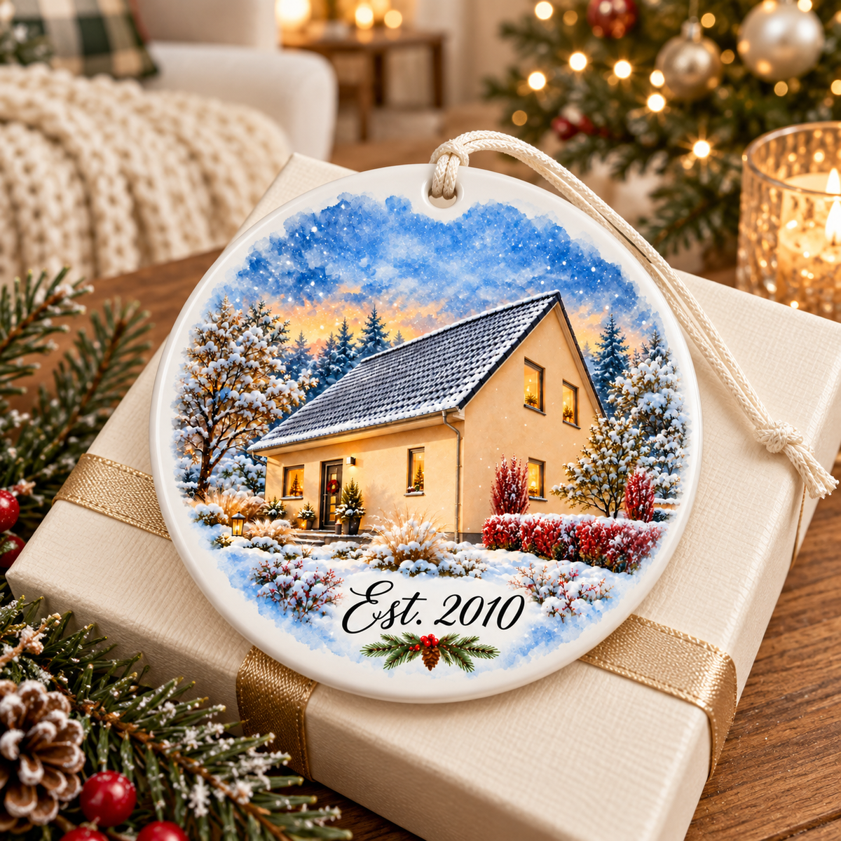 Personalized Watercolor House Ornament – Custom Ceramic Keepsake