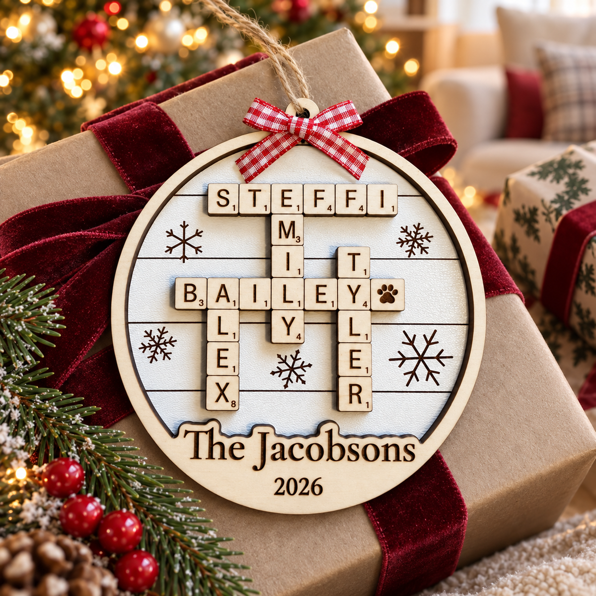 Personalized Family Crossword Ornament – Winter White