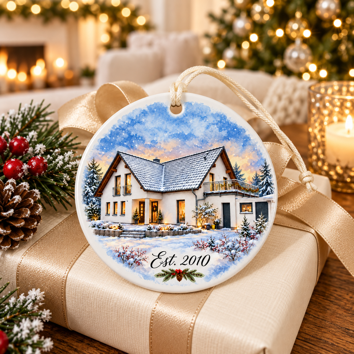 Personalized Watercolor House Ornament – Custom Ceramic Keepsake