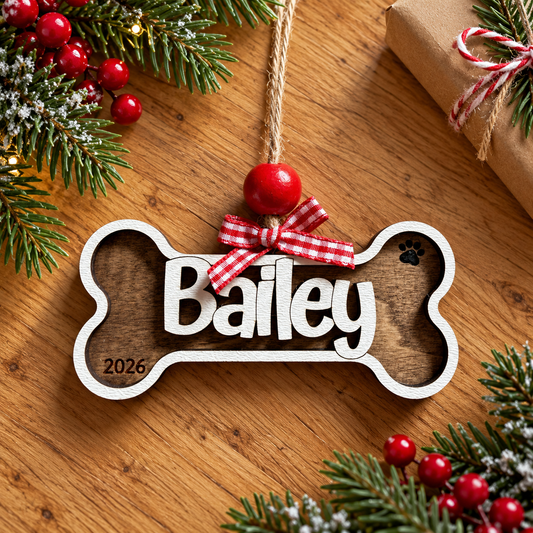 Personalized Dog Bone Christmas Ornament – Rustic Brown & White