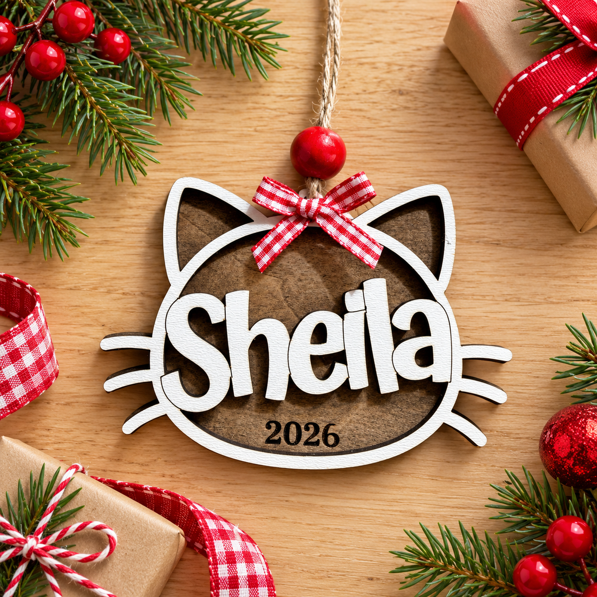 Personalized Cat Christmas Ornament – Rustic Brown & White