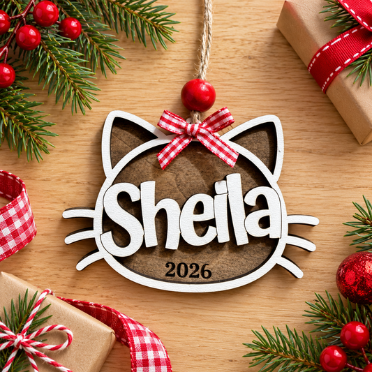 Personalized Cat Christmas Ornament – Rustic Brown & White