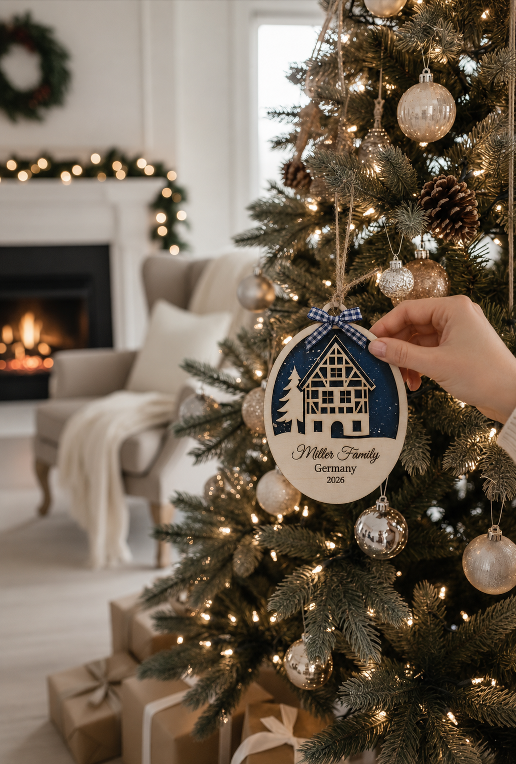 Person placing a personalized German half-timbered house ornament on a decorated Christmas tree