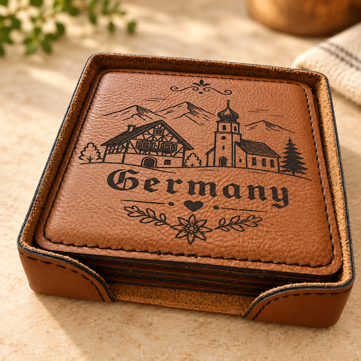 Germany Coasters Set of 6 – Faux Leather Drink Coasters with Holder – German Gift, Oktoberfest Decor