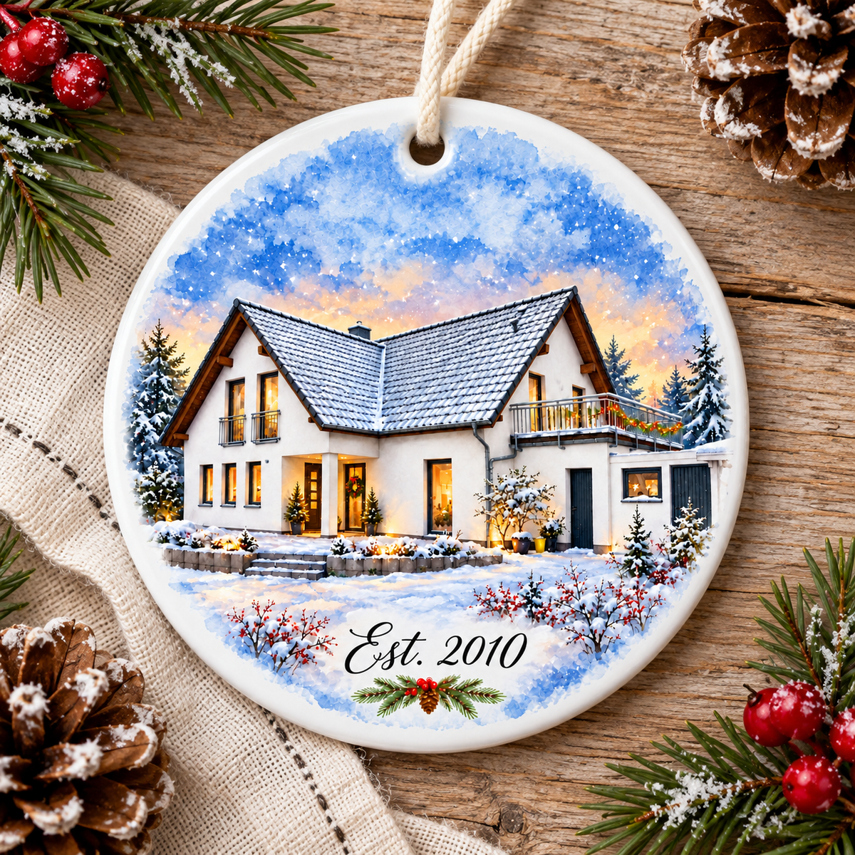 Personalized Watercolor House Ornament – Custom Ceramic Keepsake