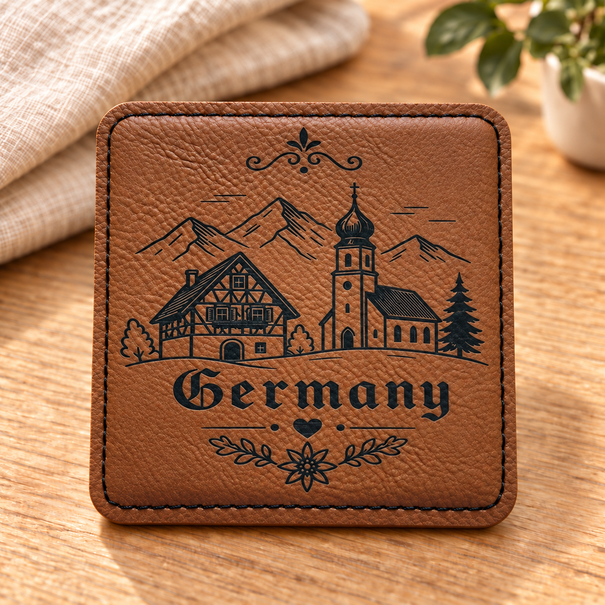Germany Coasters Set of 6 – Faux Leather Drink Coasters with Holder – German Gift, Oktoberfest Decor