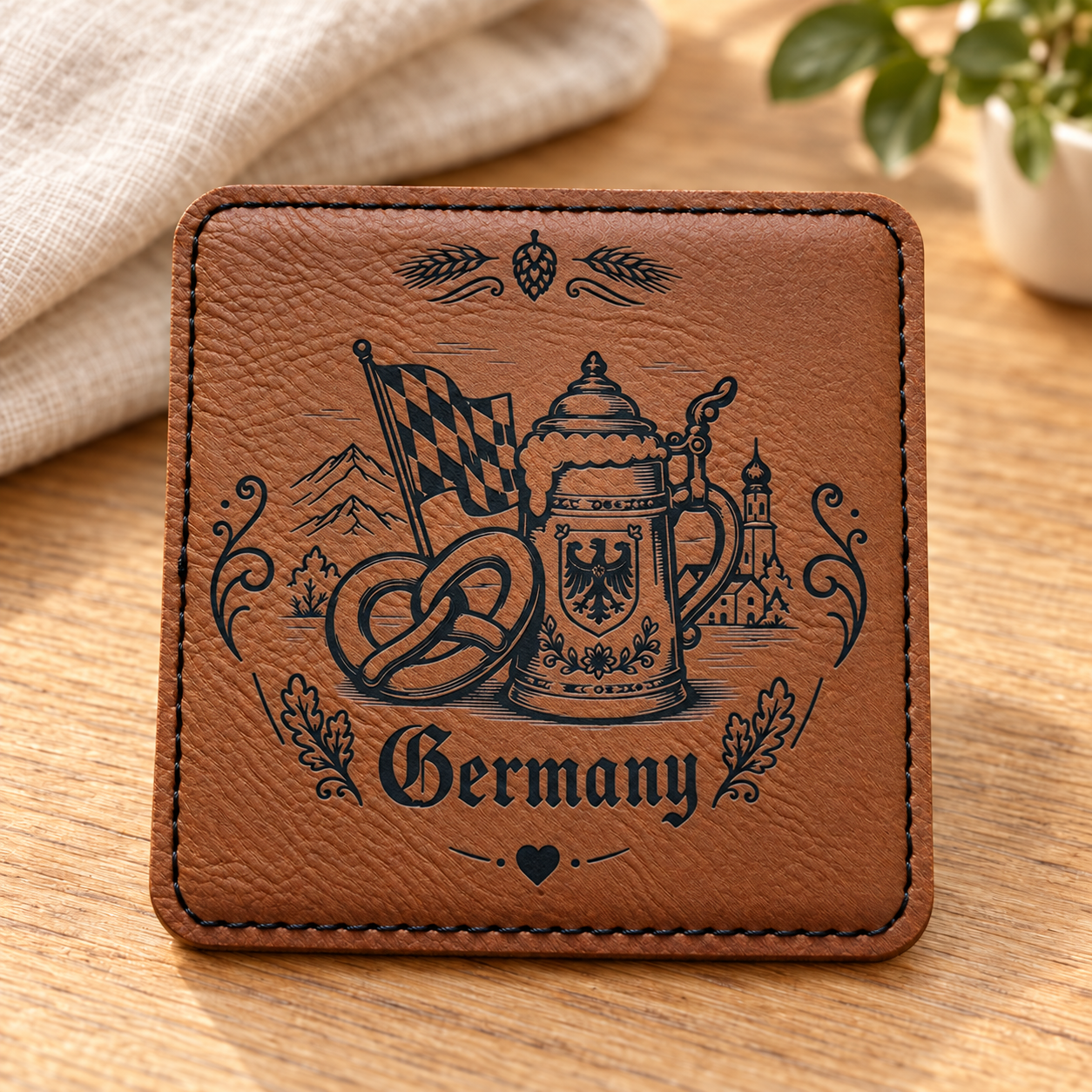 Germany Coasters Set of 6 – Faux Leather Drink Coasters with Holder – German Gift, Oktoberfest Decor