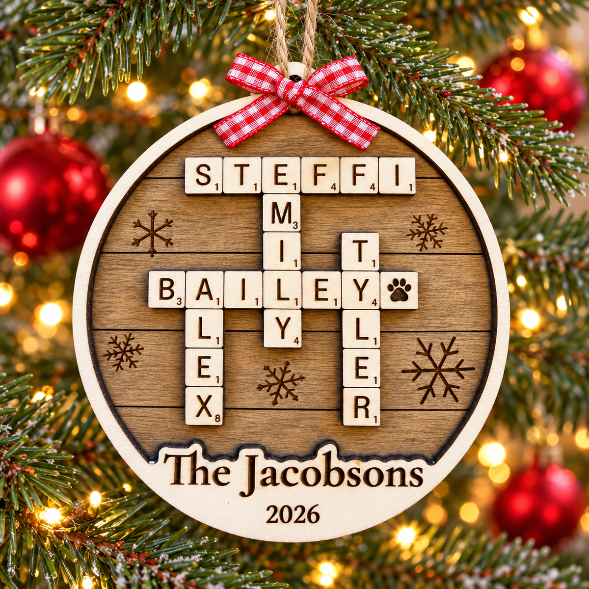 Personalized Family Crossword Ornament – Rustic Brown