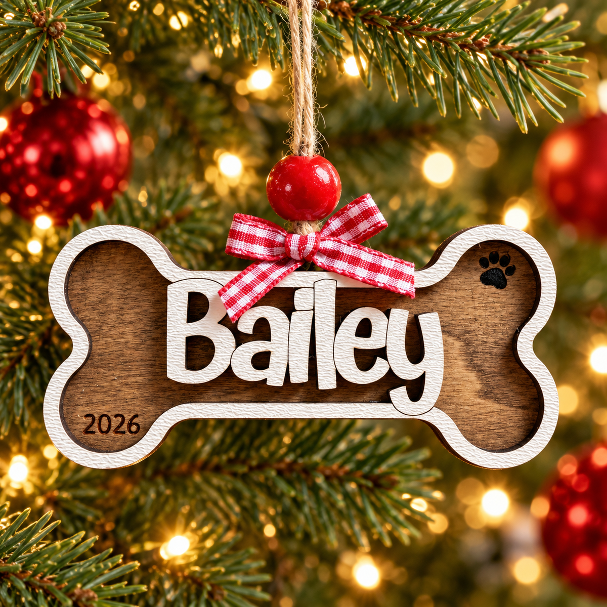 Personalized Dog Bone Christmas Ornament – Rustic Brown & White