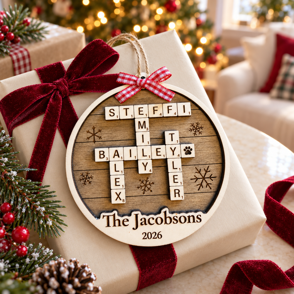 Personalized Family Crossword Ornament – Rustic Brown