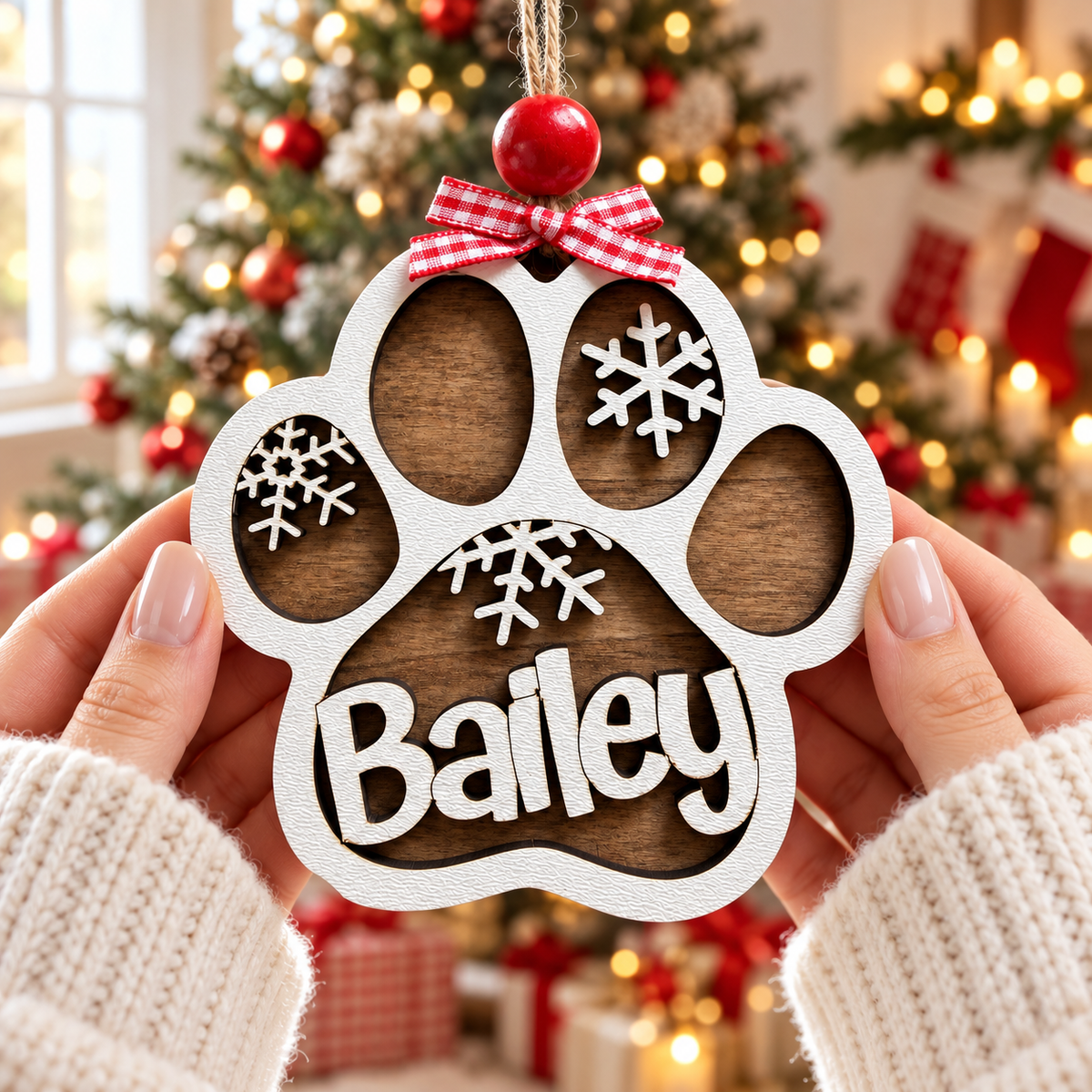 Personalized Dog Paw Christmas Ornament – Rustic Brown & White