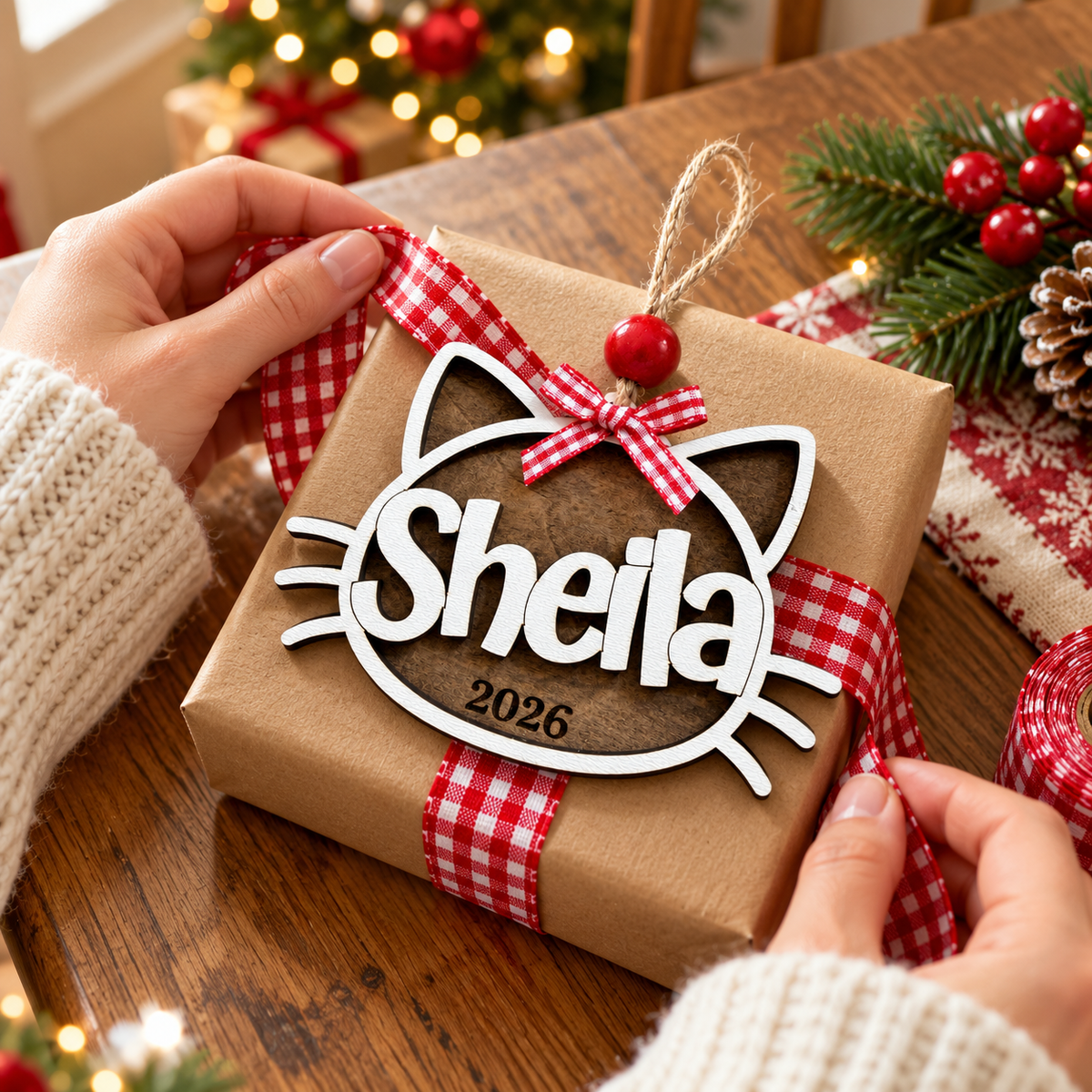 Personalized Cat Christmas Ornament – Rustic Brown & White