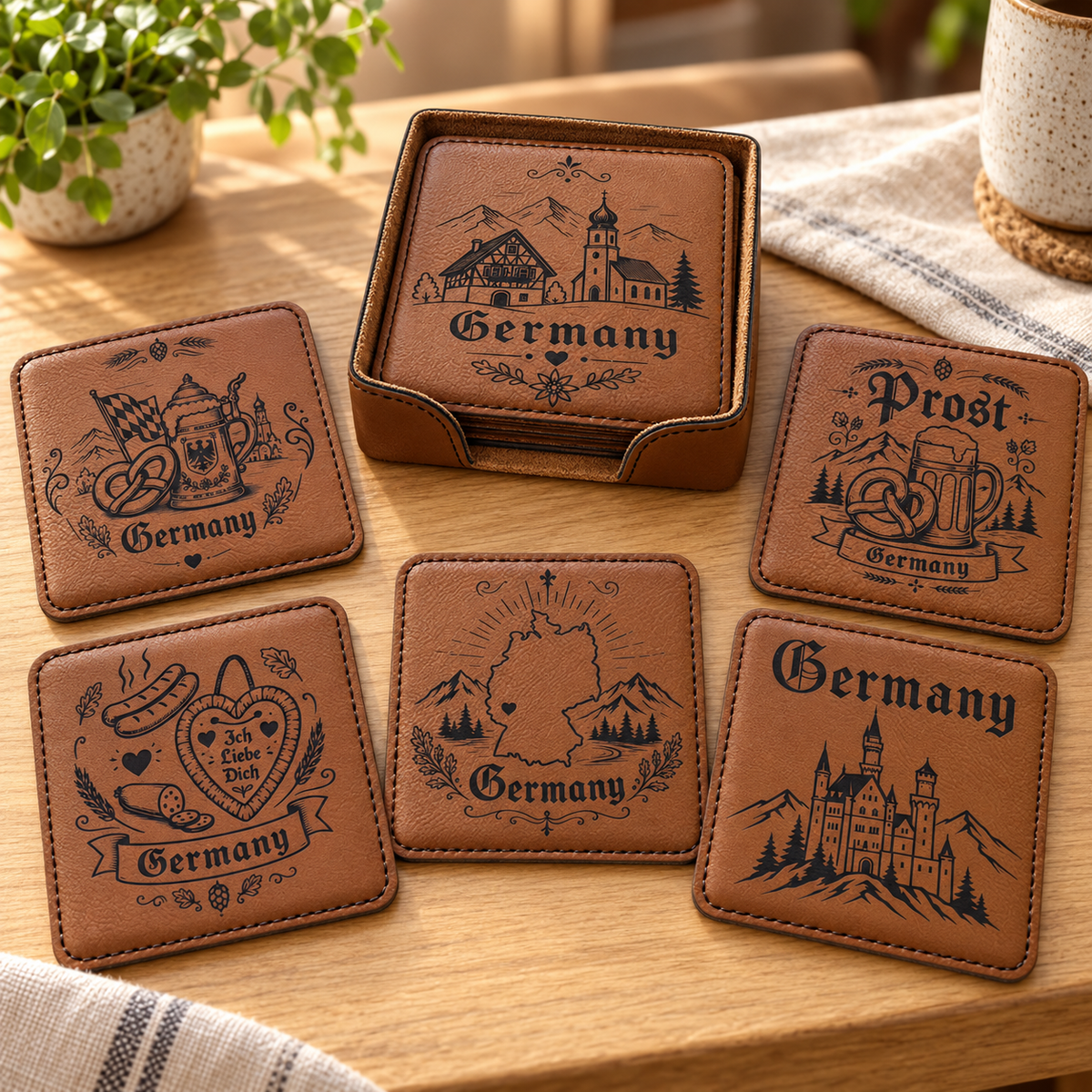 Germany Coasters Set of 6 – Faux Leather Drink Coasters with Holder – German Gift, Oktoberfest Decor