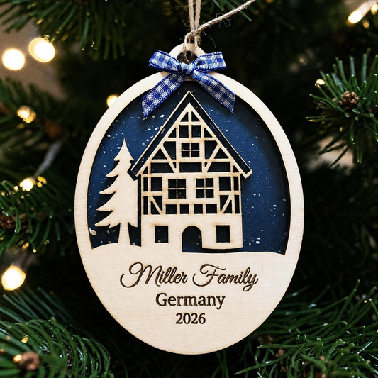  Personalized German half-timbered house wooden Christmas ornament with family name, Germany and year