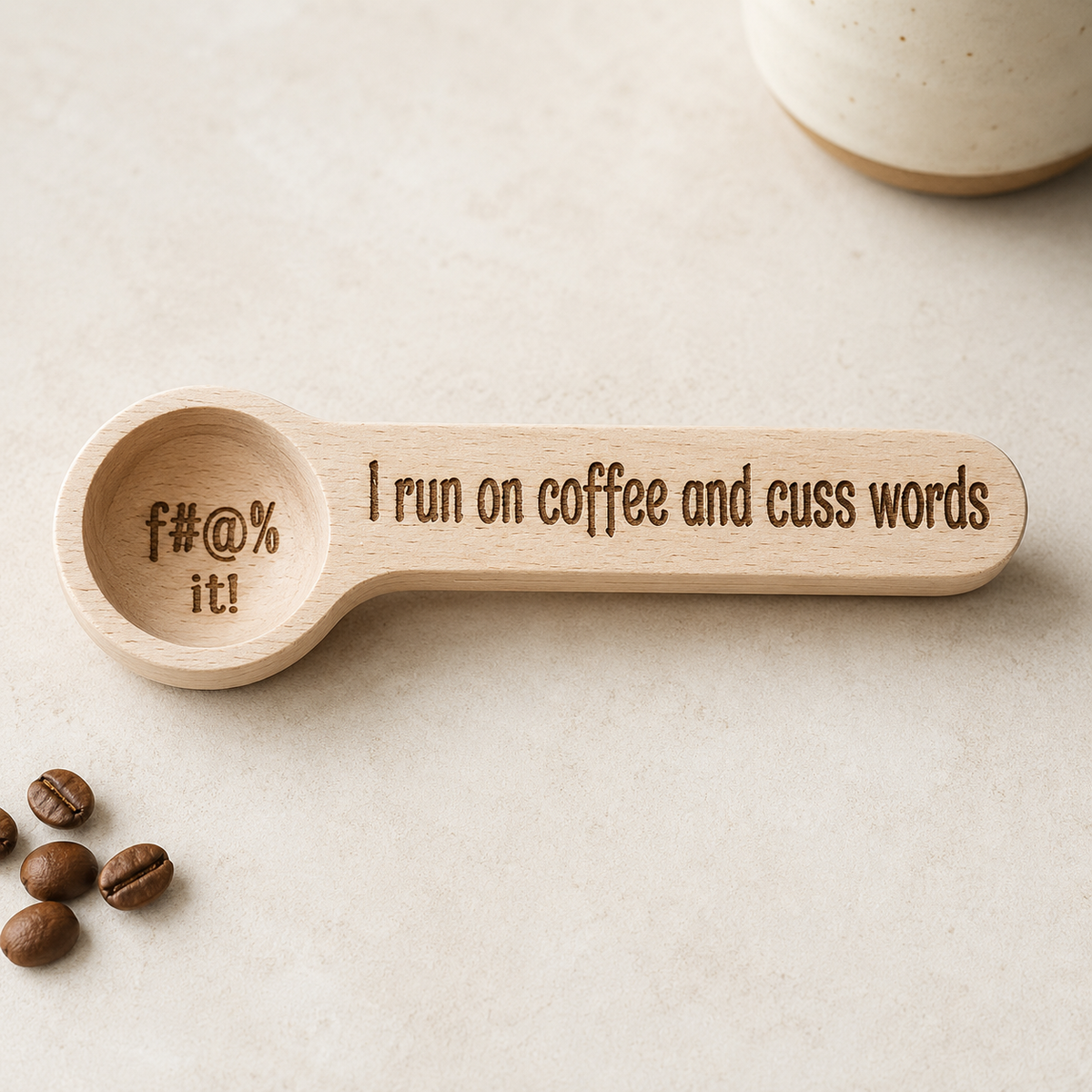 I Run On Coffee and Cuss Words – Wood Coffee Scoop & Bag Clip – Funny Coffee Gift