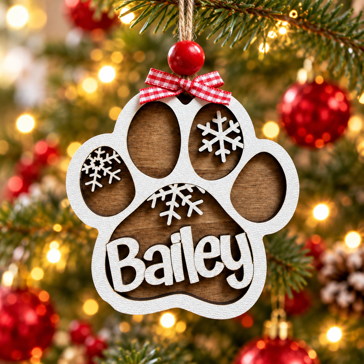 Personalized Dog Paw Christmas Ornament – Rustic Brown & White