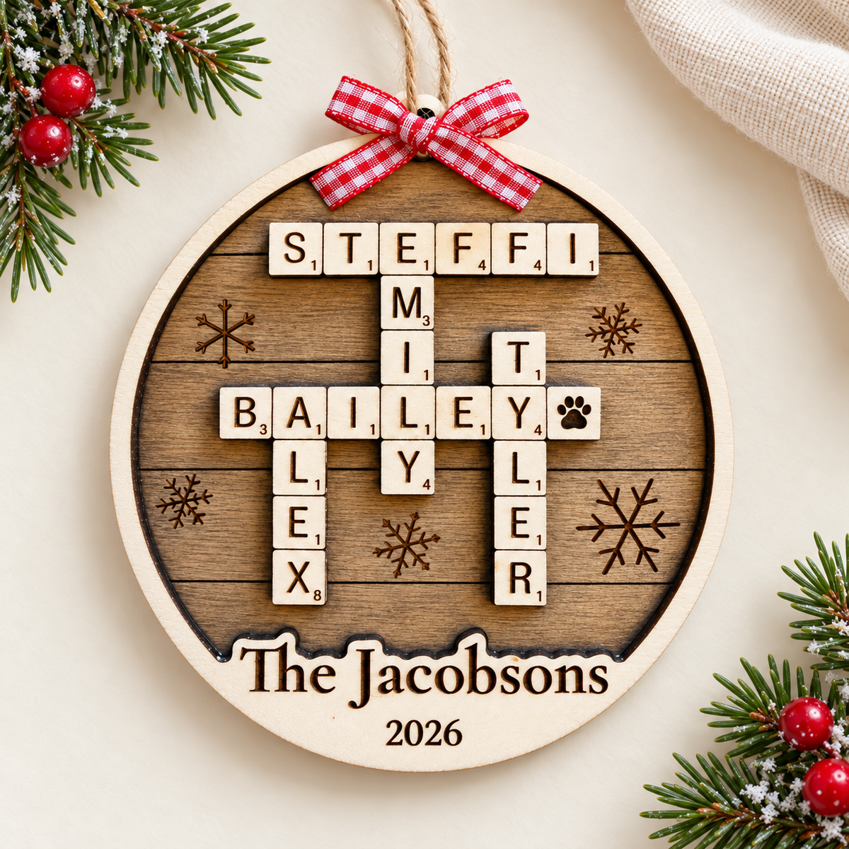 Personalized Family Crossword Ornament – Rustic Brown