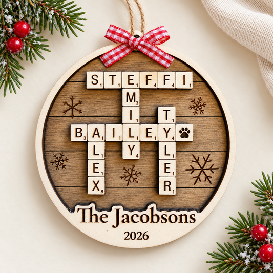 Personalized Family Crossword Ornament – Rustic Brown