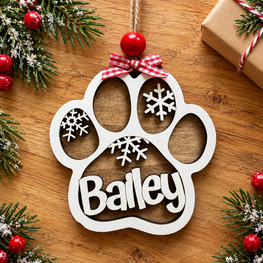 Personalized Dog Paw Christmas Ornament – Rustic Brown & White