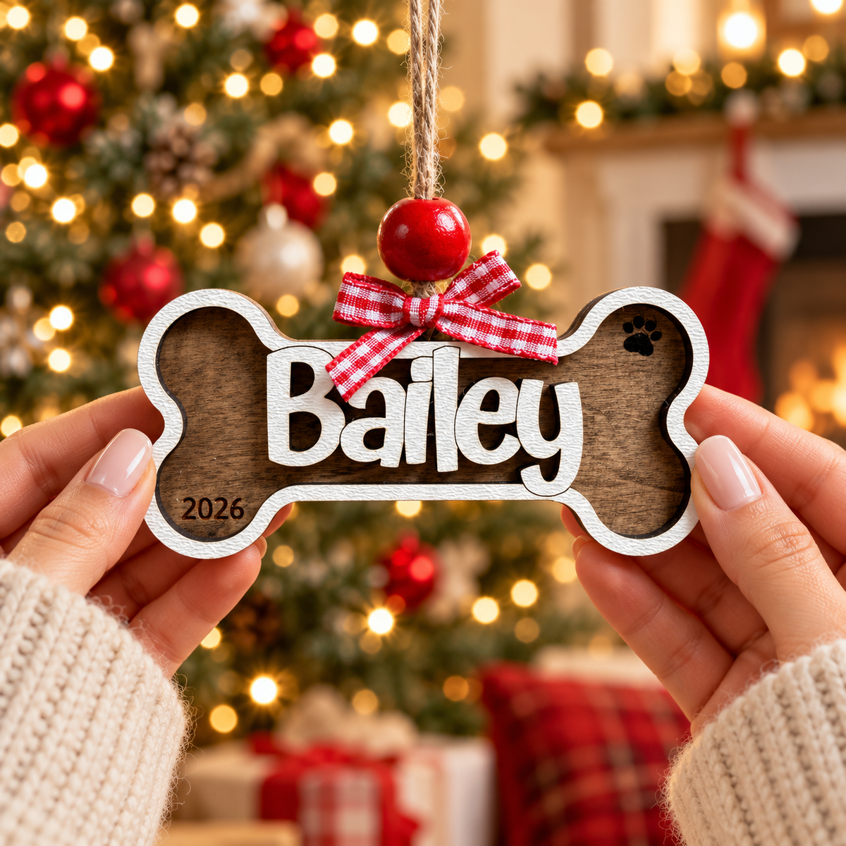 Personalized Dog Bone Christmas Ornament – Rustic Brown & White