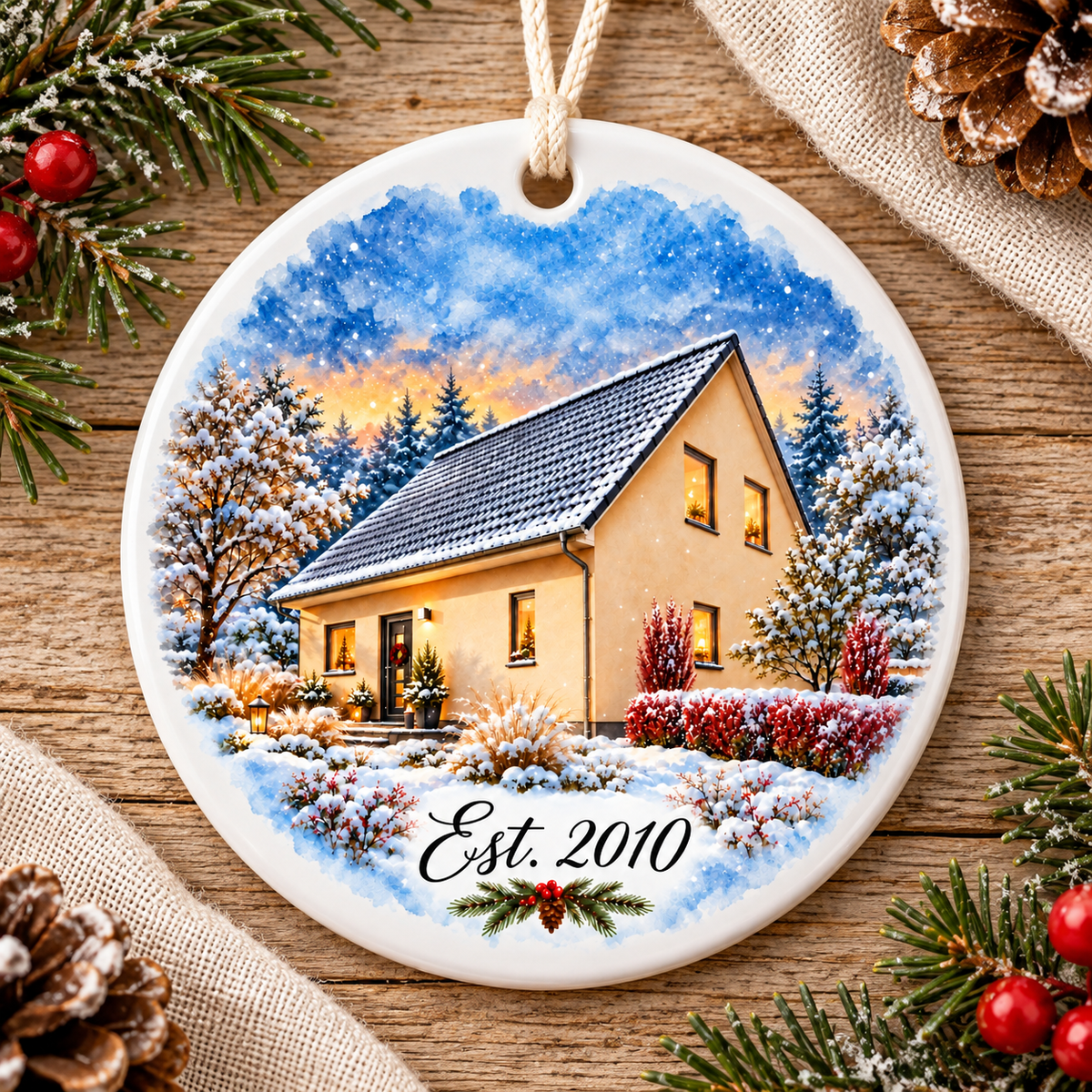 Personalized Watercolor House Ornament – Custom Ceramic Keepsake