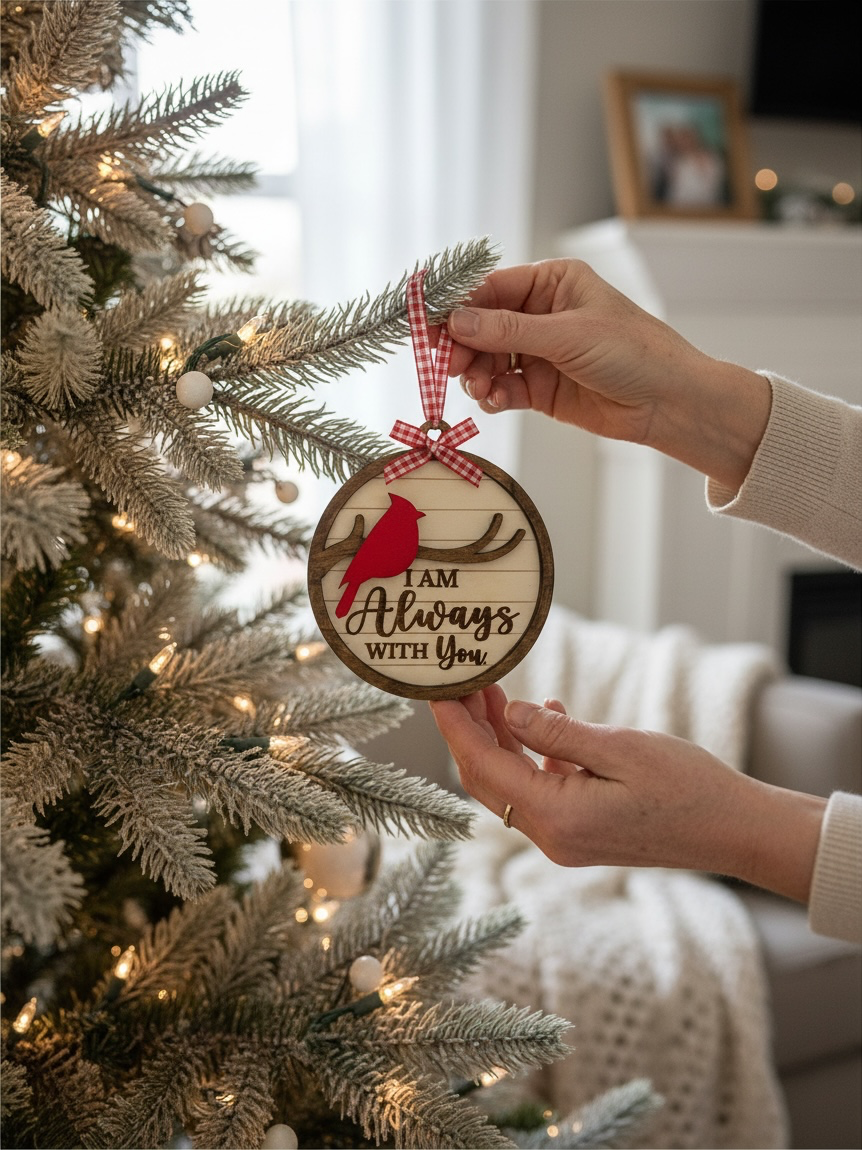 Cardinal memorial ornament being placed on a decorated Christmas tree