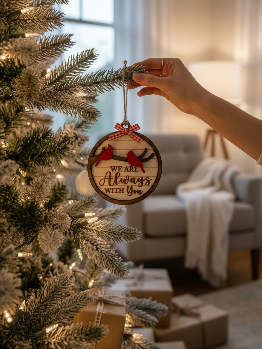 Two-cardinal remembrance ornament being placed on a decorated Christmas tr