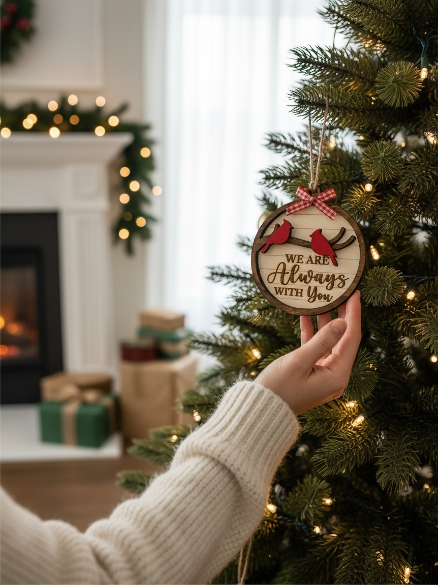  Hand holding a two-cardinal memorial ornament beside a Christmas tree