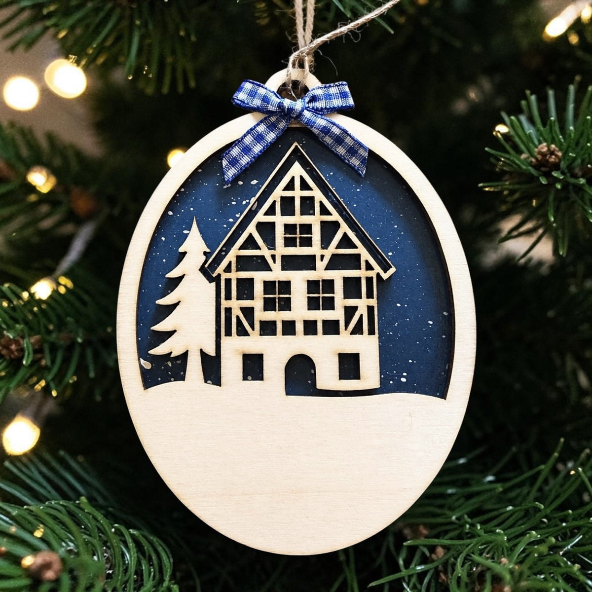 German half-timbered house ornament with blank area for personalized family name and year