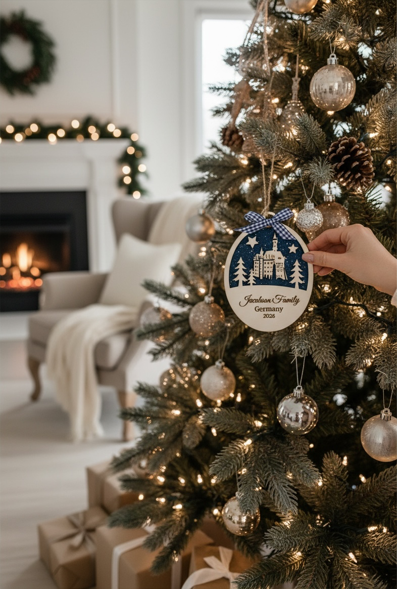 Personalized Germany castle ornament displayed on a Christmas tree