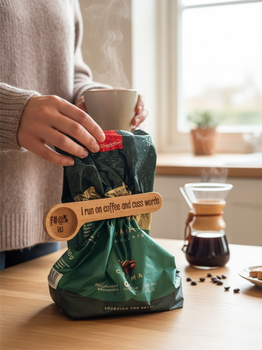 I Run On Coffee and Cuss Words – Wood Coffee Scoop & Bag Clip – Funny Coffee Gift