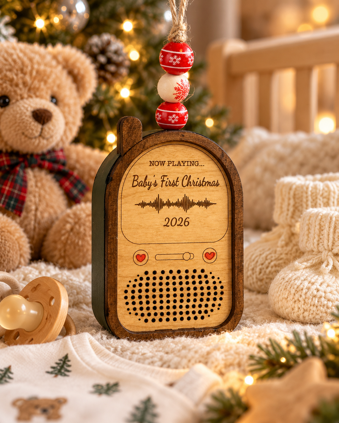 Wooden baby voice keepsake with holiday baby accessories
