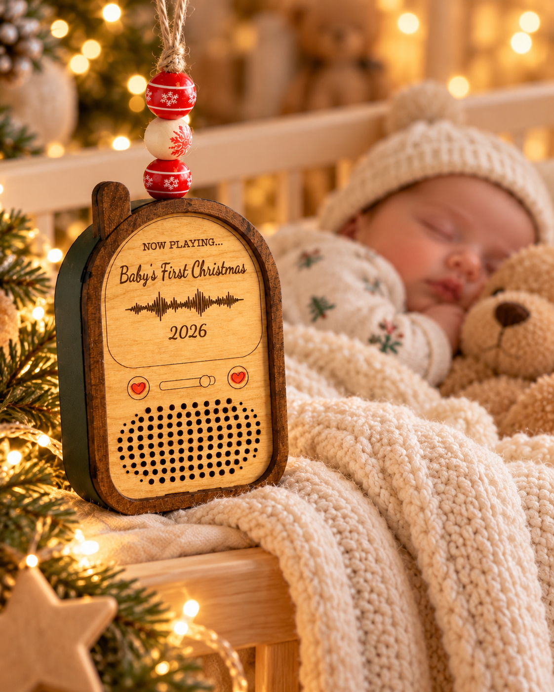 Baby’s First Christmas ornament staged beside a sleeping newborn