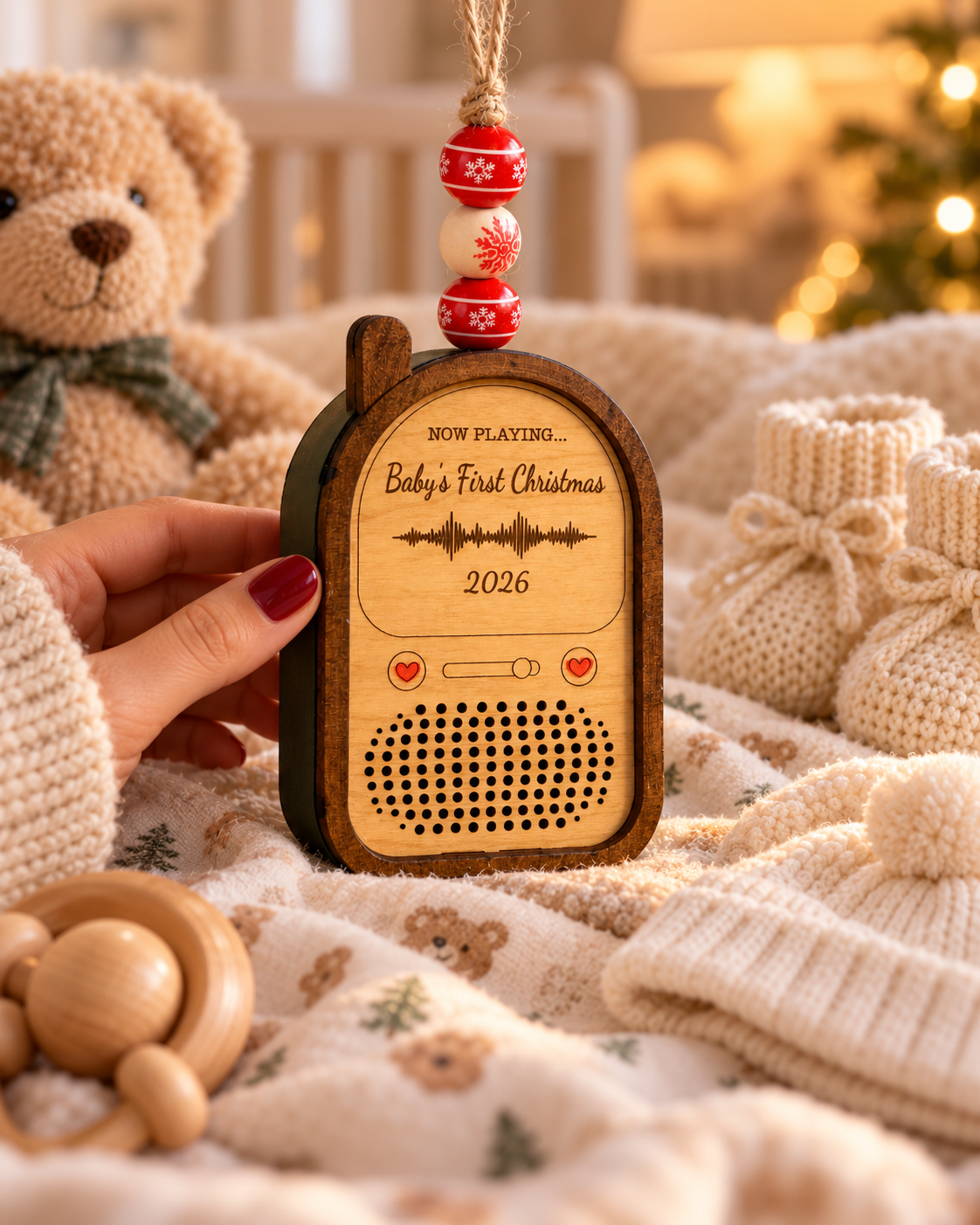 Close-up of the Baby's First Christmas wooden ornament beside tiny knitted baby booties