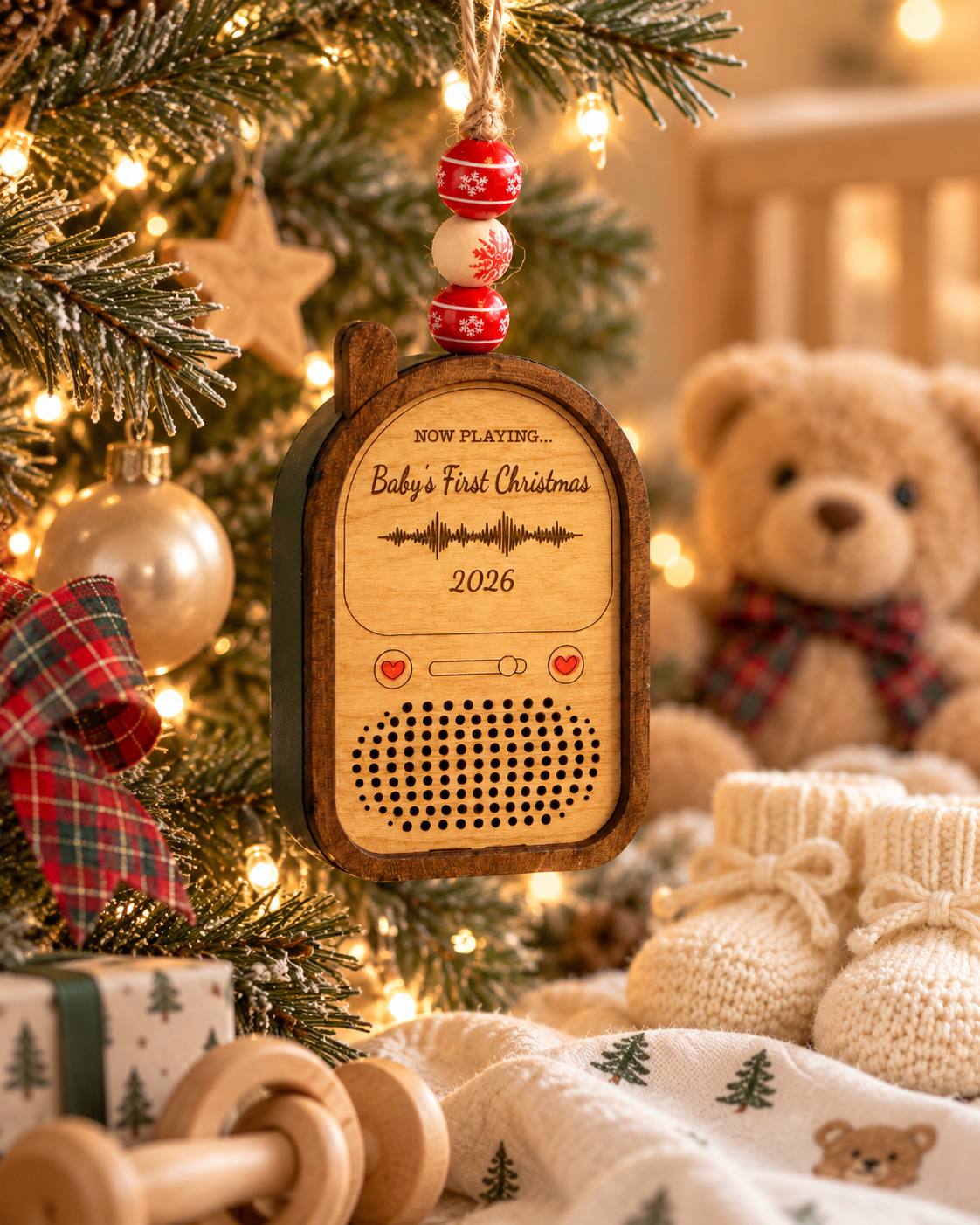 Wooden Baby's First Christmas recording ornament hanging on a Christmas tree