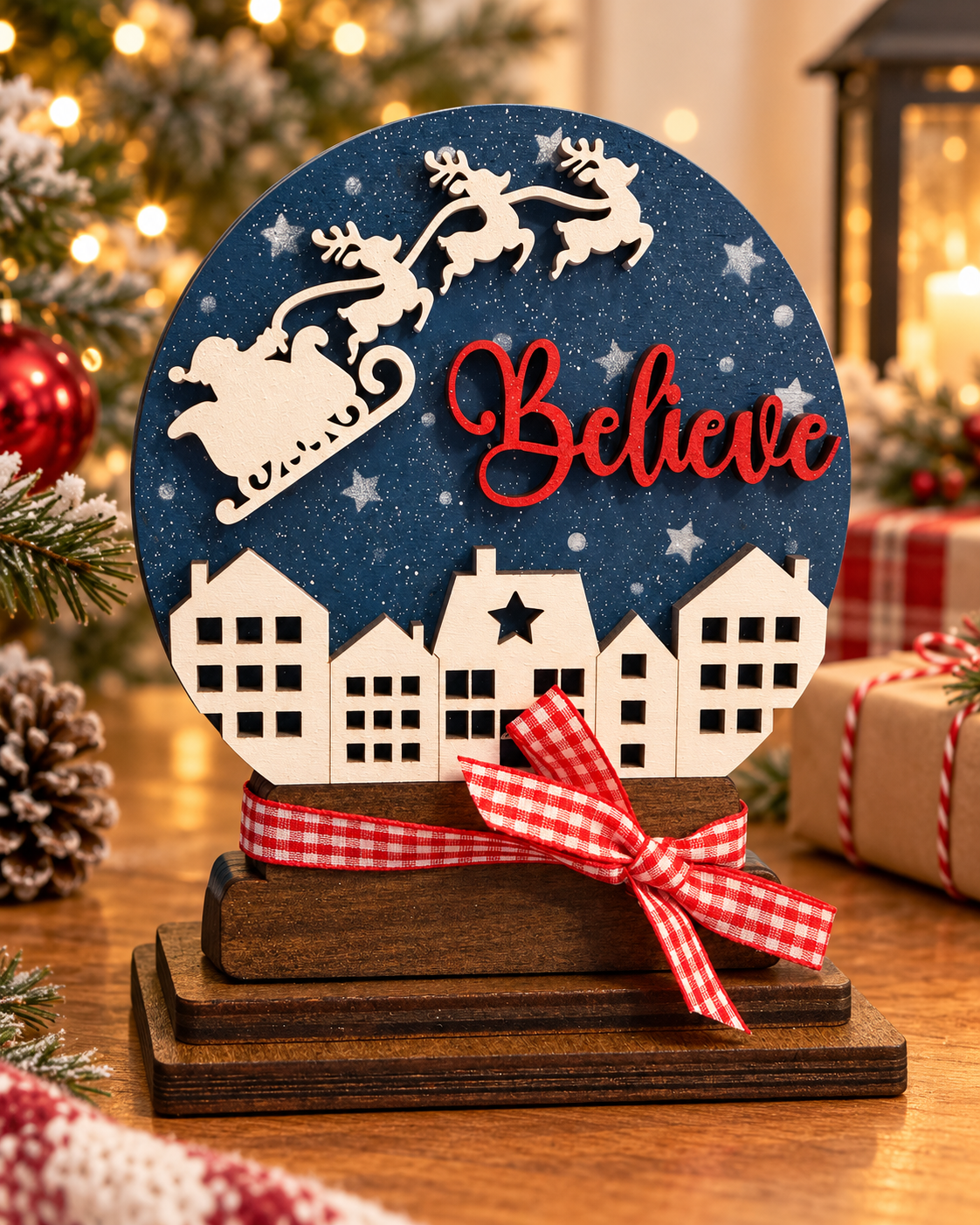 Close-up of dimensional Believe lettering and handmade white village