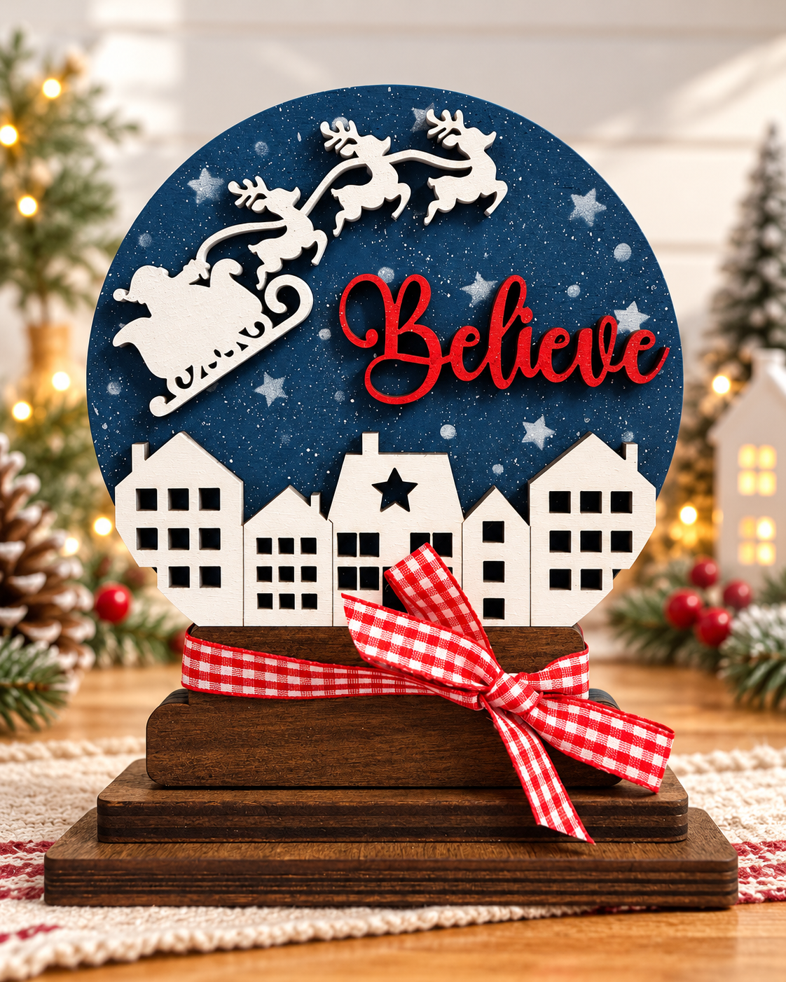 Handmade Believe Christmas tabletop decoration with Santa sleigh, white village, and red checked ribbon