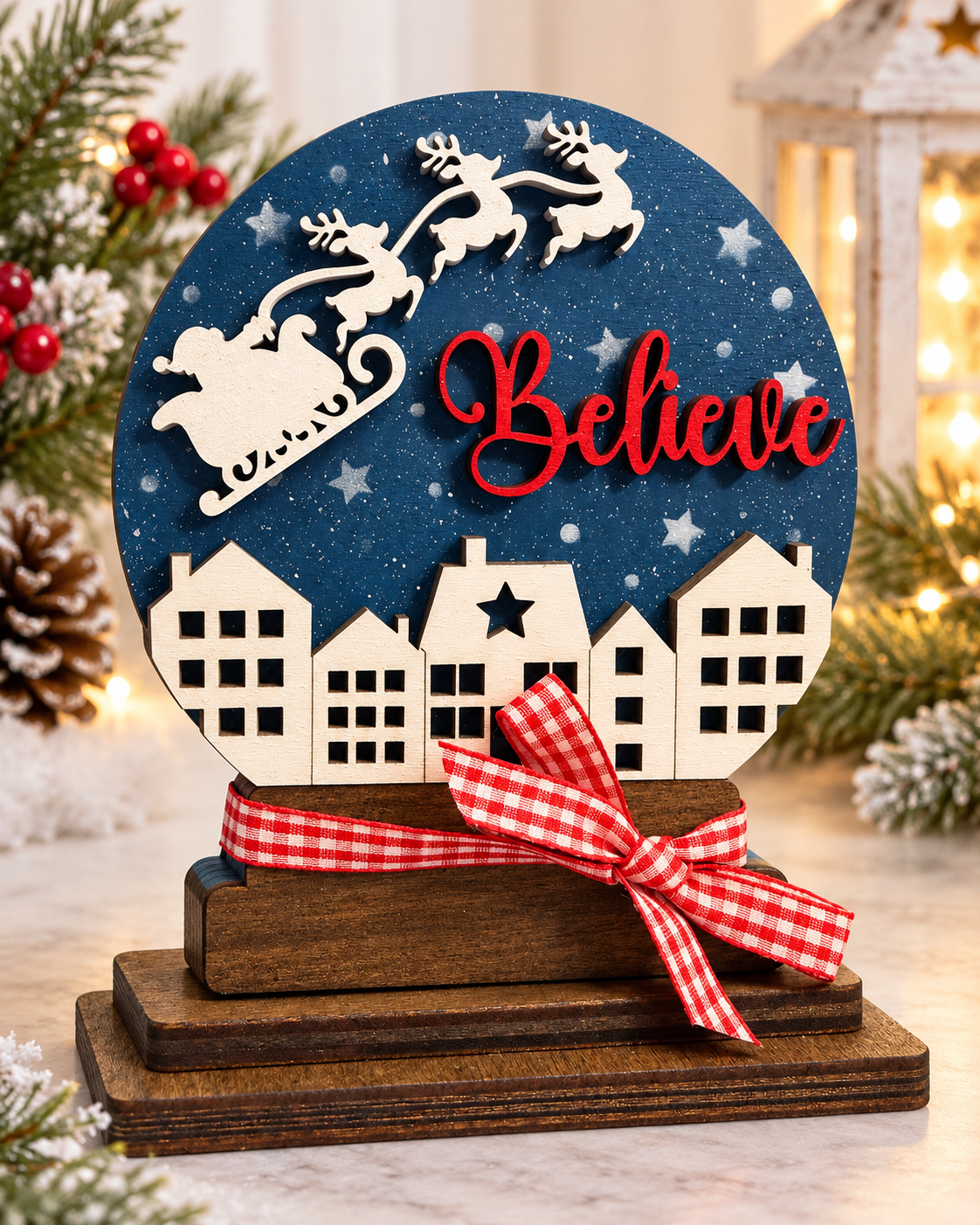 Layered Believe wooden Christmas tabletop decoration in a cozy holiday setting