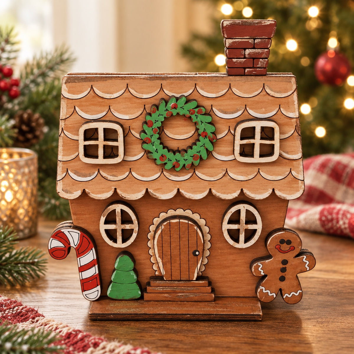 Painted wooden gingerbread house with display stand – finished DIY example