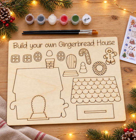 Unpainted wooden gingerbread house DIY kit with paints, brushes, glue and instructions