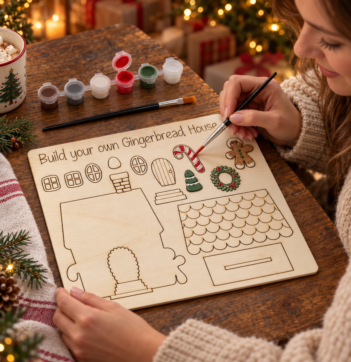 Painting the wooden gingerbread house DIY craft kit at Christmas