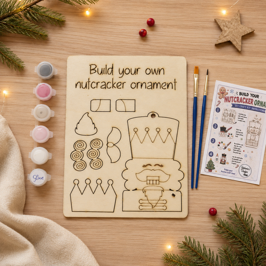 Unpainted wooden nutcracker ornament kit with paints, brushes, glue and instructions